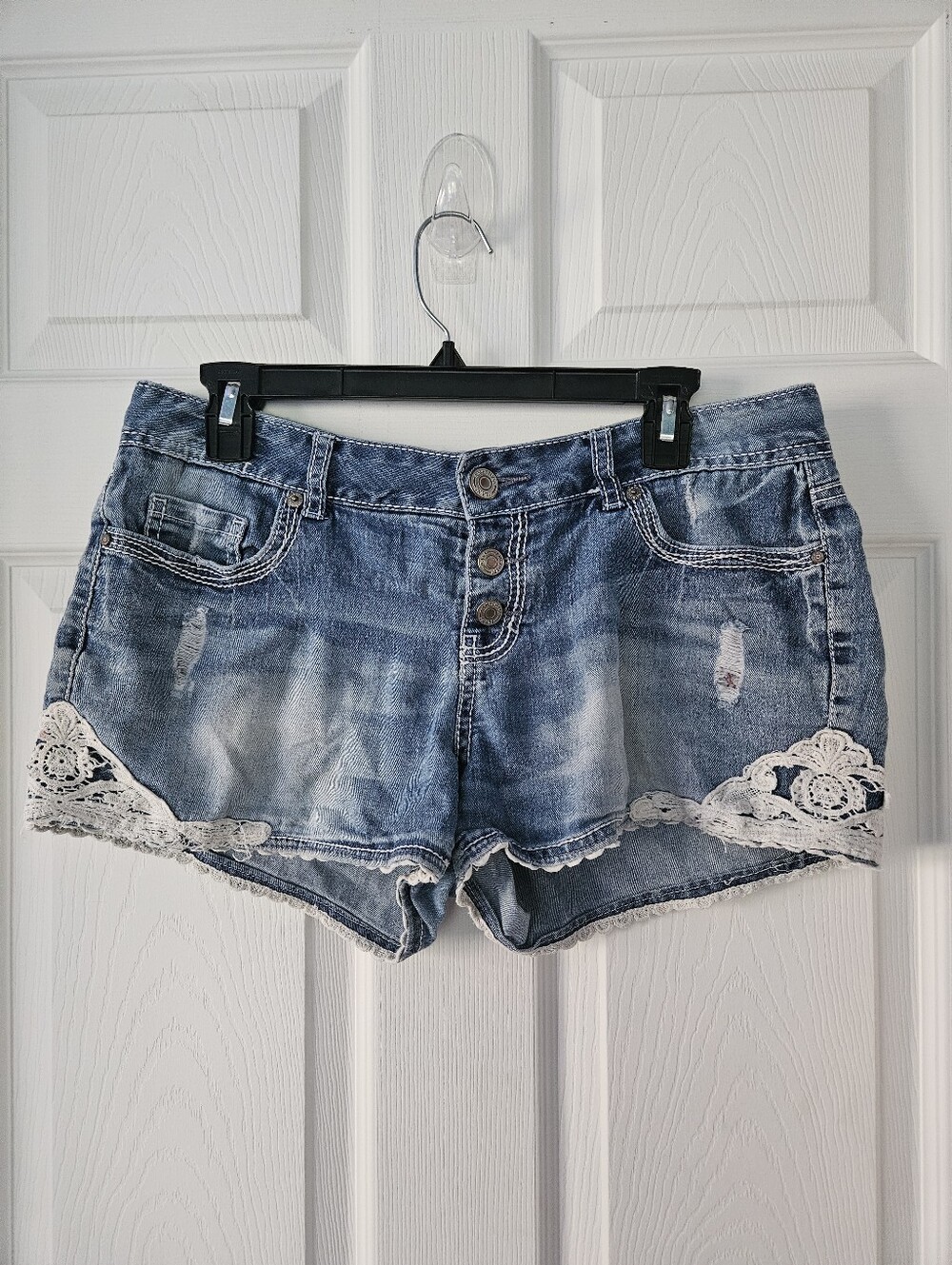 Amethyst Jeans Blue Denim Lace-Trim Shorts